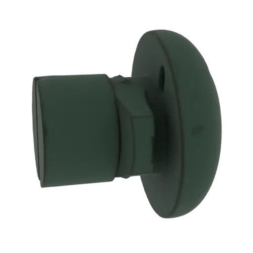 3D model render of a dark green knob with a wide flange, showing subtle wear and texture against a black background.