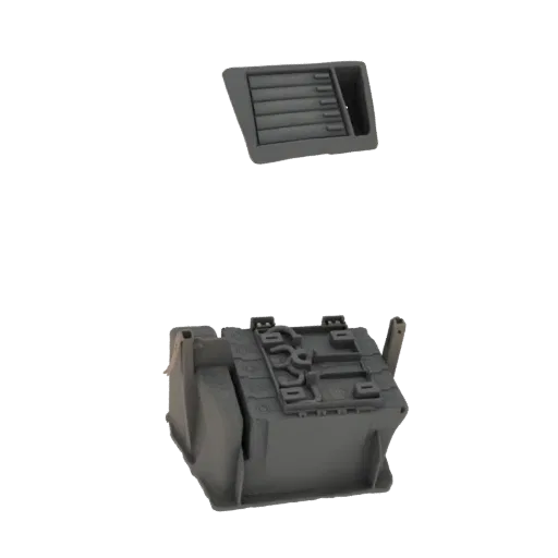 3D model of a car air vent with horizontal louvers and a detailed gear shift console, presented in gray.