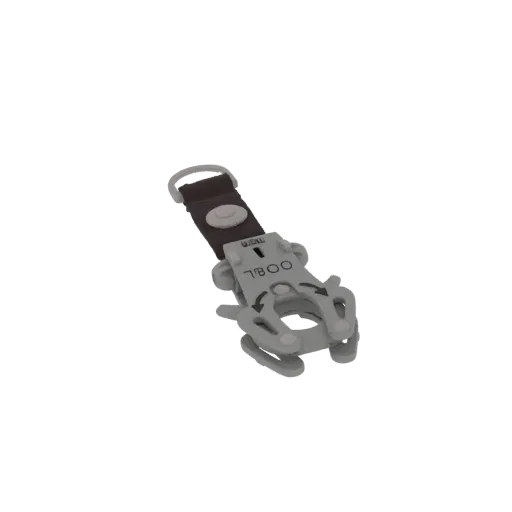 3D model of a gray industrial buckle clip with a dark strap and a visible locking mechanism.