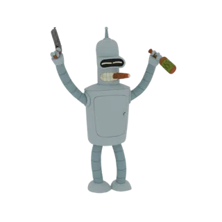 Modelo 3D de Bender Rodriguez de Futurama, segurando uma pistola e uma garrafa, com um charuto entre os dentes.