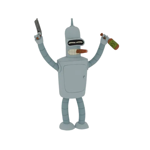 Modello 3D di Bender Rodriguez da Futurama, che tiene una pistola e una bottiglia, con un sigaro tra i denti.