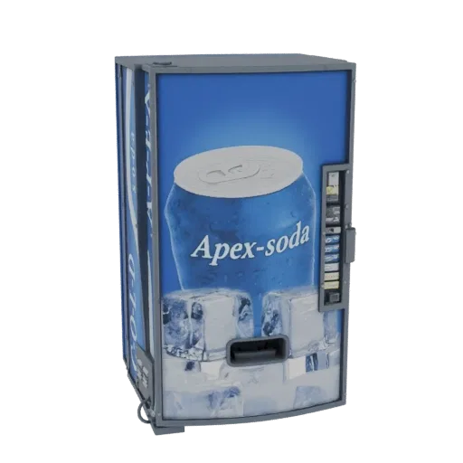 Modelo 3D de una máquina expendedora Apex Soda con frente azul, que presenta un gran gráfico de lata de refresco y cubitos de