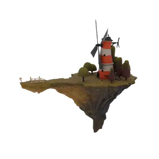 Modelo 3D de ilha flutuante com moinho e farol listrado vermelho e branco, cercado por árvores estilizadas e uma cerca de mad