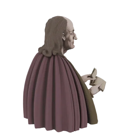 3D model bust of Anselm of Canterbury, depicted from the side with a receding hairline, long hair, and holding an open book.