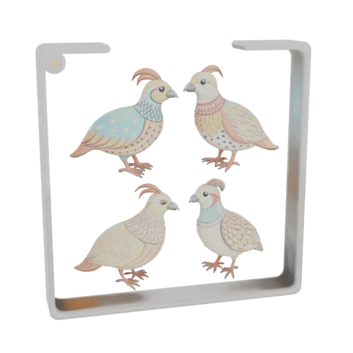 Una renderización 3D de cuatro figurillas de codorniz estilizadas con patrones pastel, dispuestas en un marco moderno, presen