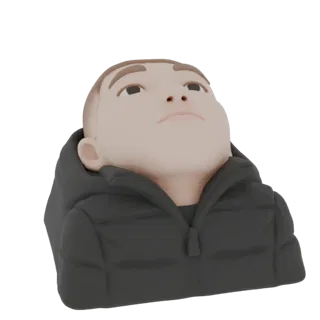 3D-Modell des stilisierten Kopfes und der Schultern eines jungen Jungen in einer schwarzen Daunenjacke, der nach oben blickt.