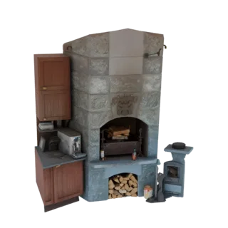 3D model of a rustic stone fireplace with a wooden cabinet to the left and a small wood stove to the right, featuring logs in