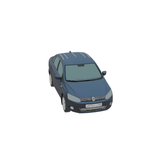 A 3D model of a blue sedan car viewed from a slightly elevated angle, showcasing its sleek design and details.