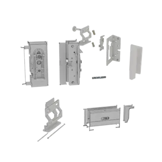 Modèle 3D en vue éclatée d'un mécanisme de serrure de porte, montrant toutes les pièces individuelles séparées pour plus de c