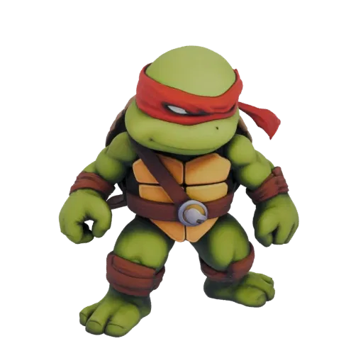 Modello 3D di Raphael in stile chibi dalle Tartarughe Ninja, con bandana rossa e armatura marrone.