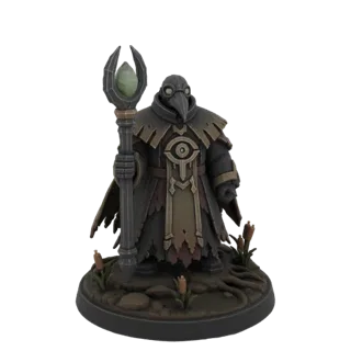 3D model of a plague doctor mage wearing a mask and robes, holding a staff with a green crystal, standing on a detailed base.