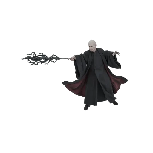 3D model of Lord Voldemort in a black robe, holding a wand that emits dark magic, with a white background.