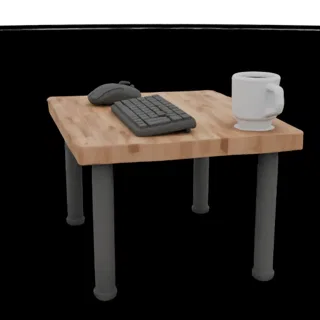 3D model of a square wooden table with a black keyboard, mouse, and a white coffee mug on the edge.