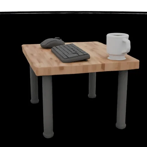 3D model of a square wooden table with a black keyboard, mouse, and a white coffee mug on the edge.