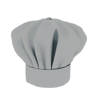 A 3D model of a classic white chef's hat with a tall, pleated crown and a band around the base, set against a black backgroun
