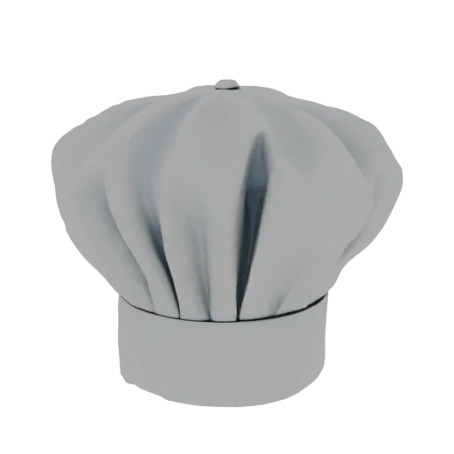 A 3D model of a classic white chef's hat with a tall, pleated crown and a band around the base, set against a black backgroun