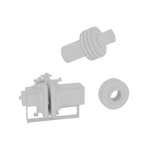 3D render of an industrial gearbox assembly with a pneumatic actuator and a separate wheel, all in a neutral grey material.