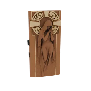 3D model of a relief sculpture depicting a weeping woman with hands clasped, set against a Celtic cross and laurel wreath.