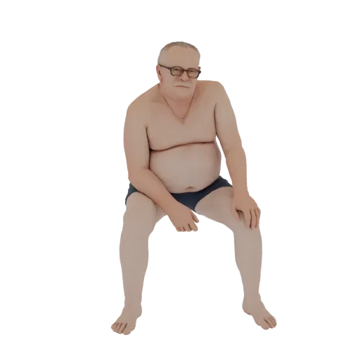 3D-Modell eines älteren Mannes mit Brille, der eine Badehose trägt und mit den Händen auf den Knien sitzt.