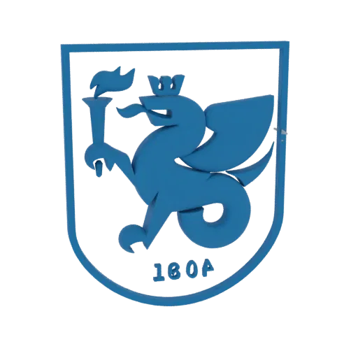 3D render of a blue griffin holding a torch, within a shield with '180A' text, on a white background.