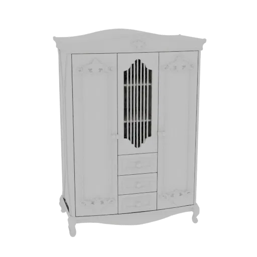 A white, ornate wardrobe 3D model with decorative carvings and a three-drawer unit, set against a black background.
