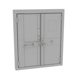Modelo 3D imprimible Panel de Puerta Moderna Cerrada, render STL isométrico, mostrando bisagras de metal, claras ayudas de in