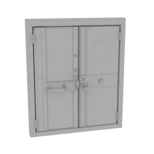 Modern Locked Door Panel Printable 3D model, isometric STL render, showing metal hinges, clear interaction affordances.
