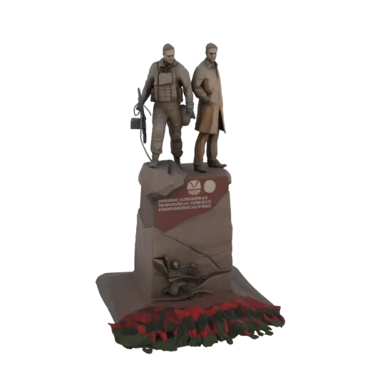 3D model of the Chernobyl Liquidators Monument, showing two figures on a rocky base with red and green lava-like elements.