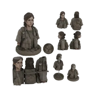Busto 3D de Ellie Williams de The Last of Us, mostrado desde varios ángulos con su mochila.