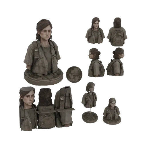 3D-Modellbüste von Ellie Williams aus The Last of Us, aus mehreren Blickwinkeln mit ihrem Rucksack gezeigt.