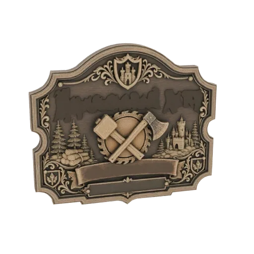 3D model of a medieval woodcutter's emblem with crossed hammer and axe, saw blade, trees, and castle.