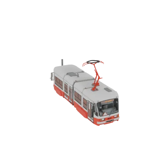 3D model of a modern white and red tram with a red pantograph on its roof, set against a black background.