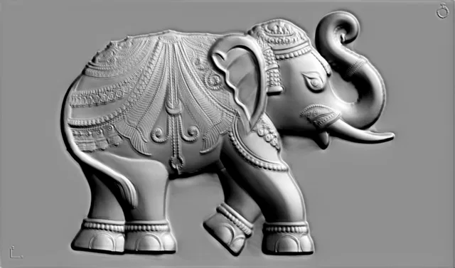 3D model of an elephant bas-relief with detailed ornament, rendered in gray.