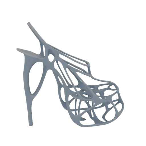 3D model of a light grey, abstract, sculptural high heel shoe with intricate, flowing, organic-like structures.