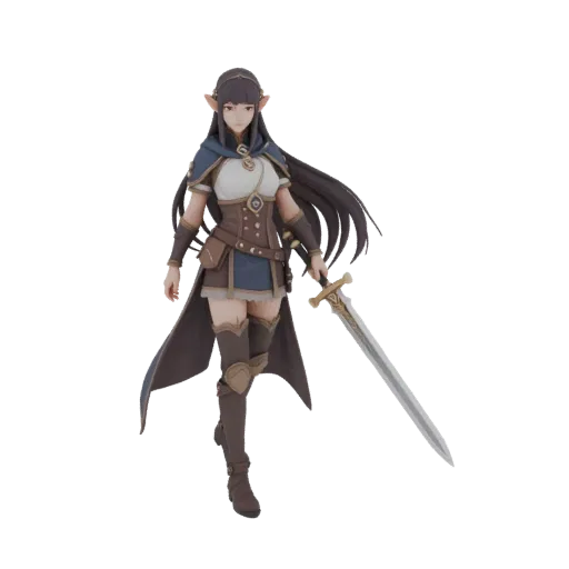 Modèle 3D guerrière elfe en tenue de voyageuse marron-bleu avec épée à droite, longs cheveux sombres