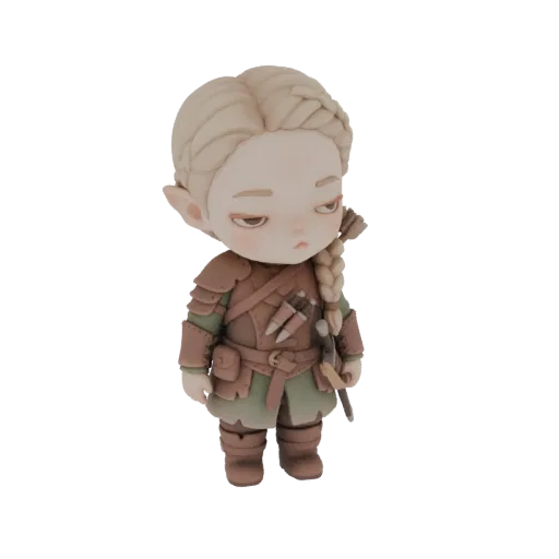 Modello 3D elfo chibi ranger con capelli biondi raccolti, orecchie a punta, armatura in cuoio e faretra, con espressione legg
