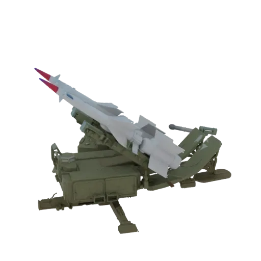 3D model of an S-300 missile launcher system with a missile raised on the launcher, against a black background.