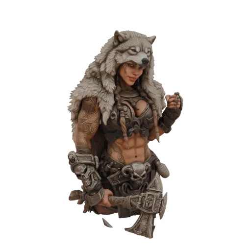 3D model of a fierce Viking warrior woman with a wolf headdress, detailed armor, and an axe, presented against a black background.
