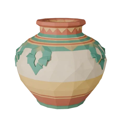 Boho Vase Low Poly 3D model, living room, game viewport three-quarter view, ceramic detail.
