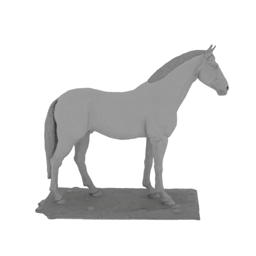 Modèle 3D d'un cheval gris debout sur une base texturée, vu de côté.