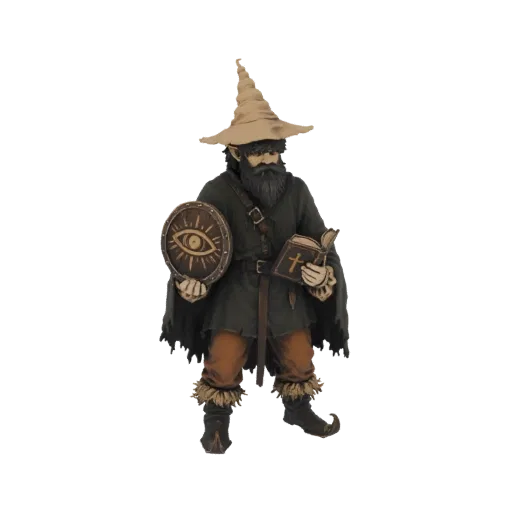 3D model of a fantasy gnome wizard with a pointed hat, beard, holding a shield with an eye symbol and an open book.