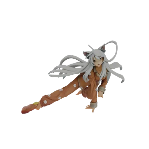 3D model of a Nekomusume character with white hair and cat ears, wearing brown polka-dot pajamas in a dynamic crouching pose.
