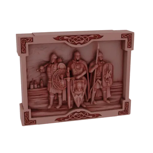 3D model of a bas-relief featuring three ancient Slavic warriors in detailed armor, holding axes and shields, with Celtic kno