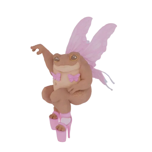 A 3D render of a whimsical fairy frog with large pink butterfly wings, wearing a pink bikini top and pink high heels, strikin