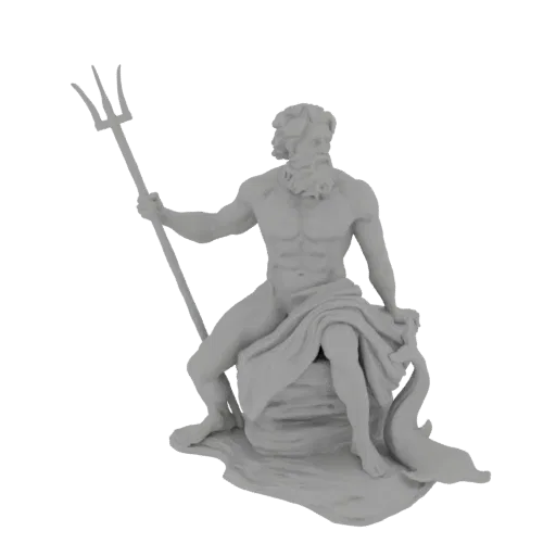 3D model render of Neptune, Roman god of the sea, seated with a trident in one hand and a dolphin at his side.