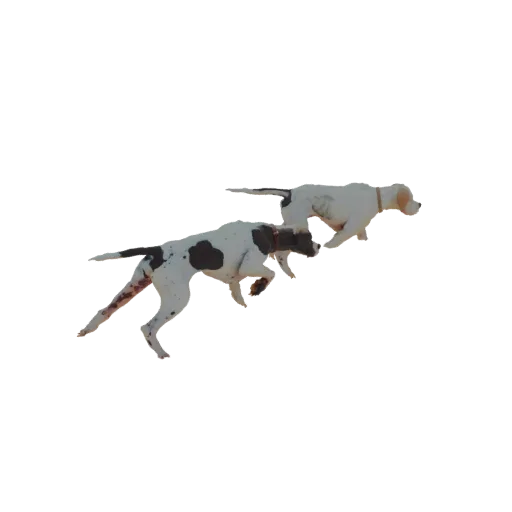 Modelo 3D de dois cães de caça, um pointer com manchas escuras e um cão mais claro, correndo dinamicamente.