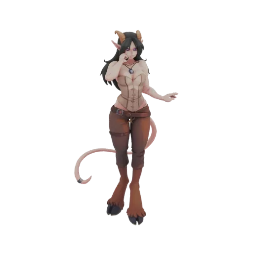 3D-Modell eines Fantasy-Satyr-Mädchens mit Ziegenbeinen, Hörnern und einem Korsett, verspielt vor weißem Hintergrund posieren