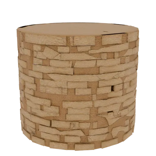 3D model of a cylindrical accent table with a textured stone wall facade, showcasing irregular stone blocks and grout lines.