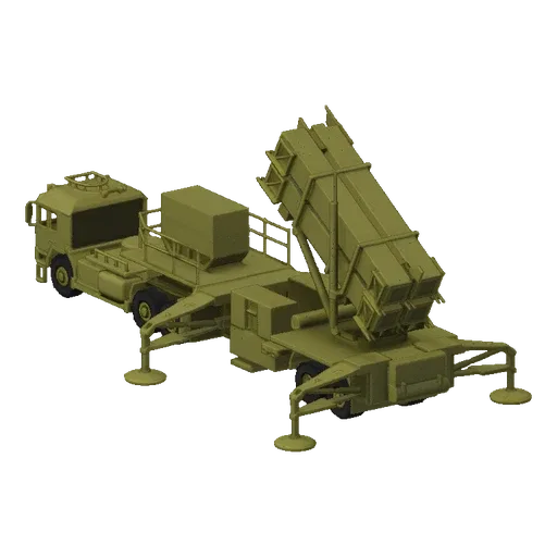 3D model of a tan-colored mobile air defense system with a truck and a raised missile launcher against a black background.