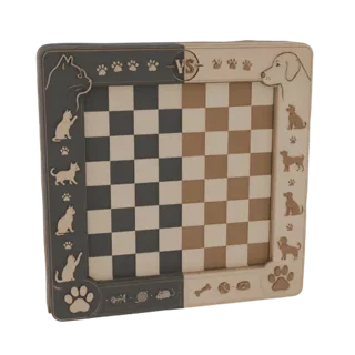 Modèle 3D d'un échiquier thème Chat vs Chien avec illustrations animalières détaillées sur les bordures.